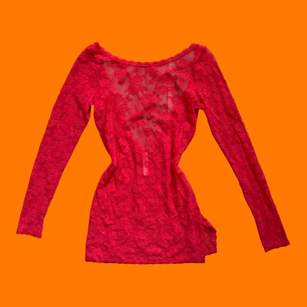 Victoria's Secret Red Lace Sheer Long Sleeve Bodycon Slip Dress 2010's SMALL